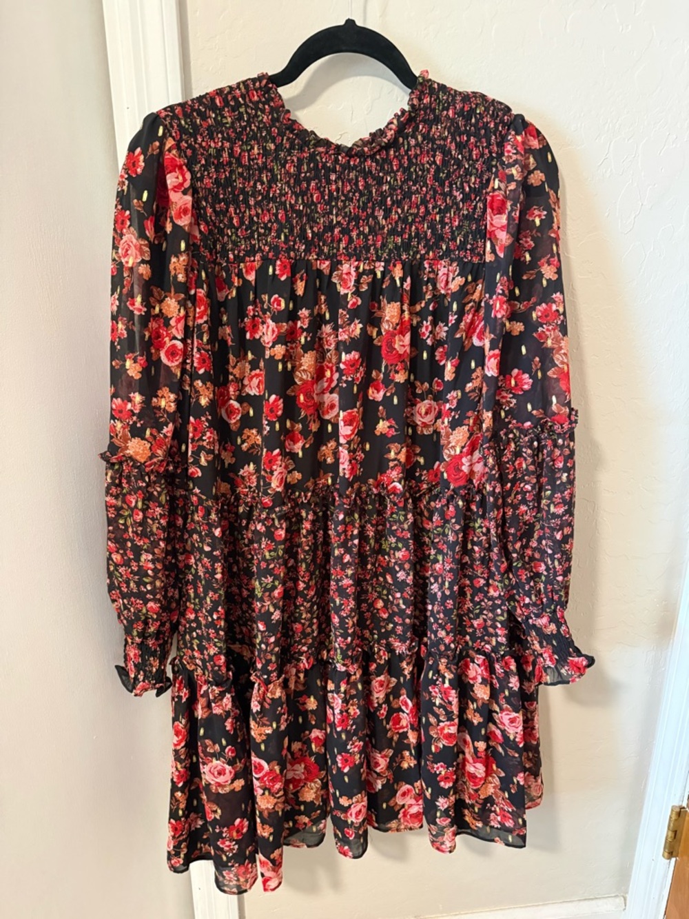 CeCe Black Floral Smocked Dress with Red and Pink Blooms